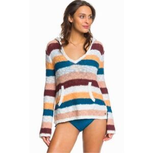 Roxy Hang With Me Multicolor Stripe Knit Hoodie Sweater